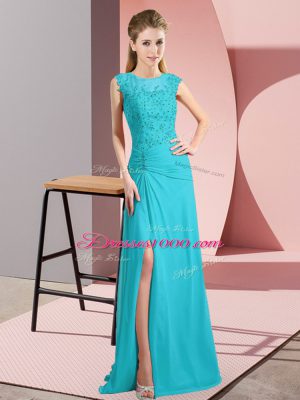 Traditional Beading Prom Evening Gown Aqua Blue Zipper Sleeveless Floor Length
