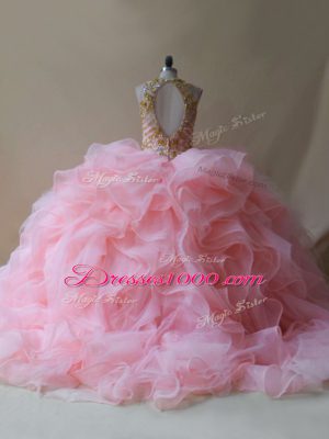 Baby Pink Scoop Backless Beading and Ruffles Vestidos de Quinceanera Brush Train Sleeveless