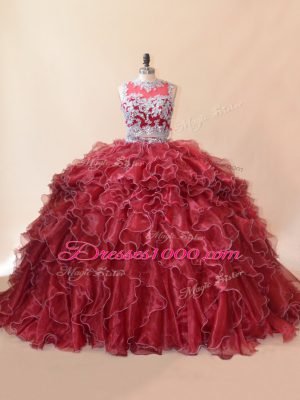 Free and Easy Red Sleeveless Organza Brush Train Zipper Quinceanera Dresses for Sweet 16 and Quinceanera