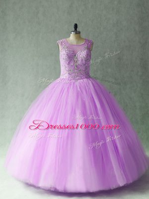 Fashion Floor Length Lilac Quinceanera Dress Scoop Sleeveless Lace Up