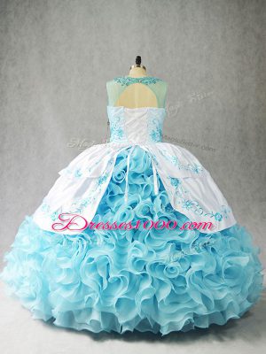 Sexy Baby Blue Fabric With Rolling Flowers Lace Up Scoop Sleeveless Floor Length Vestidos de Quinceanera Beading and Embroidery and Ruffles