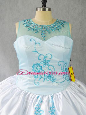 Sexy Baby Blue Fabric With Rolling Flowers Lace Up Scoop Sleeveless Floor Length Vestidos de Quinceanera Beading and Embroidery and Ruffles