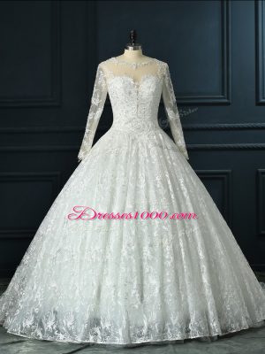 Modest Zipper Bridal Gown White for Wedding Party with Beading and Lace Brush Train