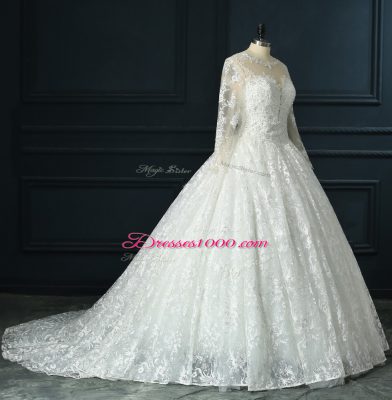 Modest Zipper Bridal Gown White for Wedding Party with Beading and Lace Brush Train