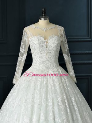 Modest Zipper Bridal Gown White for Wedding Party with Beading and Lace Brush Train