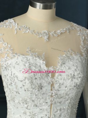 Modest Zipper Bridal Gown White for Wedding Party with Beading and Lace Brush Train