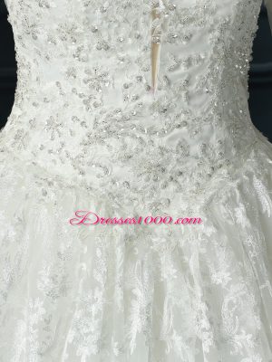 Modest Zipper Bridal Gown White for Wedding Party with Beading and Lace Brush Train