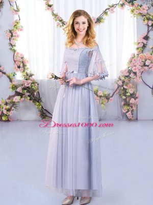 Shining Grey Off The Shoulder Side Zipper Lace and Belt Bridesmaid Dresses Half Sleeves