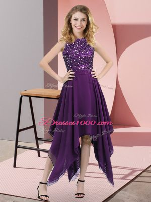 Purple Empire Chiffon High-neck Sleeveless Beading and Sequins Asymmetrical Zipper Dress for Prom
