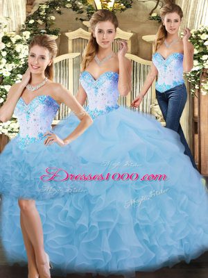 Graceful Blue Sleeveless Organza Lace Up 15 Quinceanera Dress for Sweet 16 and Quinceanera