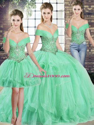 Apple Green Sleeveless Floor Length Beading and Ruffles Lace Up 15th Birthday Dress