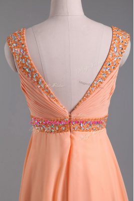 Elegant Orange Backless Prom Party Dress Beading Sleeveless Floor Length