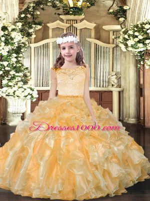 Beauteous Gold Organza Zipper Scoop Sleeveless Floor Length Party Dress for Toddlers Beading and Ruffles