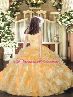 Beauteous Gold Organza Zipper Scoop Sleeveless Floor Length Party Dress for Toddlers Beading and Ruffles