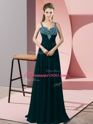 Best Selling Peacock Green Chiffon Zipper Prom Gown Sleeveless Floor Length Beading