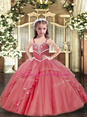 Customized Sleeveless Tulle Floor Length Lace Up Girls Pageant Dresses in Pink with Beading and Ruffles