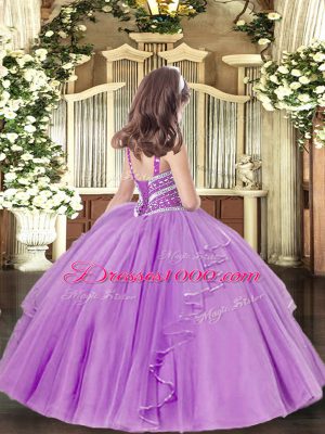 Customized Sleeveless Tulle Floor Length Lace Up Girls Pageant Dresses in Pink with Beading and Ruffles