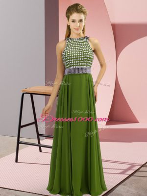 Olive Green Empire Scoop Sleeveless Chiffon Floor Length Side Zipper Beading Prom Dresses