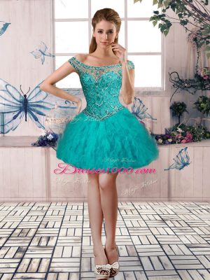 Discount Turquoise Sleeveless Mini Length Beading and Ruffles Lace Up Dress for Prom