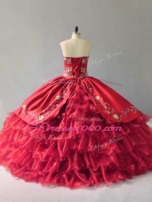 Decent Red Organza Lace Up Sweetheart Sleeveless Floor Length Vestidos de Quinceanera Embroidery and Ruffles