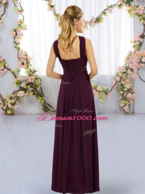 Floor Length Burgundy Wedding Party Dress Straps Sleeveless Lace Up