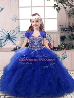 Unique Royal Blue Sleeveless Beading and Ruffles Floor Length Party Dress for Toddlers