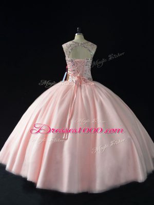 Pink Lace Up Sweet 16 Dresses Beading Sleeveless Floor Length