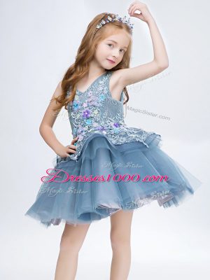 Flare Grey Ball Gowns V-neck Sleeveless Tulle Mini Length Lace Up Lace and Appliques Flower Girl Dress