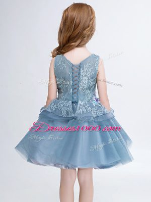 Flare Grey Ball Gowns V-neck Sleeveless Tulle Mini Length Lace Up Lace and Appliques Flower Girl Dress