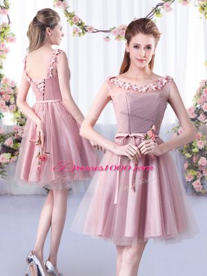 Tulle Scoop Sleeveless Lace Up Appliques and Belt Quinceanera Dama Dress in Pink