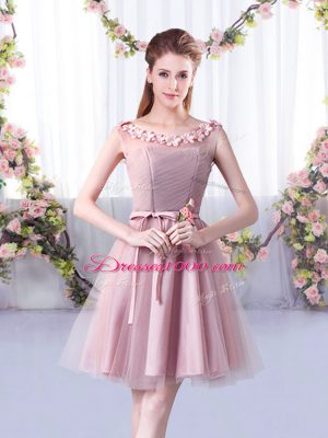 Tulle Scoop Sleeveless Lace Up Appliques and Belt Quinceanera Dama Dress in Pink