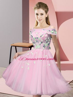 Baby Pink Empire Tulle Off The Shoulder Short Sleeves Appliques Knee Length Lace Up Court Dresses for Sweet 16