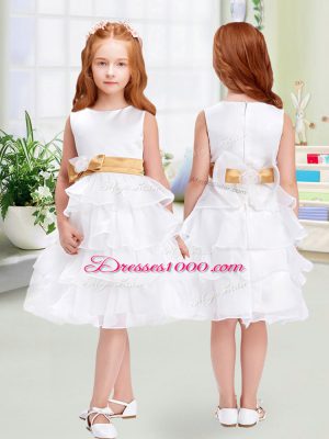 Dynamic White Empire Scoop Sleeveless Organza Knee Length Zipper Ruffled Layers and Bowknot Flower Girl Dresses for Less