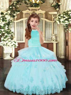 New Arrival Aqua Blue Ball Gowns Beading and Appliques Custom Made Pageant Dress Backless Tulle Sleeveless Floor Length