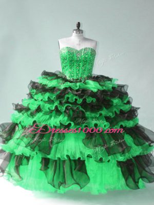 Green Ball Gowns Organza Sweetheart Sleeveless Beading and Ruffled Layers Floor Length Lace Up Quinceanera Gown