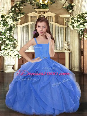 Floor Length Blue Pageant Gowns For Girls Straps Sleeveless Lace Up