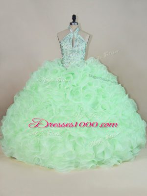 Luxury Apple Green Fabric With Rolling Flowers Lace Up Ball Gown Prom Dress Sleeveless Beading and Ruffles