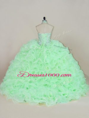 Luxury Apple Green Fabric With Rolling Flowers Lace Up Ball Gown Prom Dress Sleeveless Beading and Ruffles