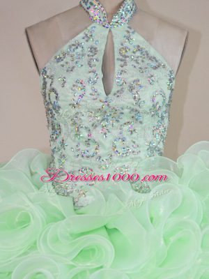 Luxury Apple Green Fabric With Rolling Flowers Lace Up Ball Gown Prom Dress Sleeveless Beading and Ruffles