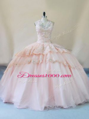 Fine Sleeveless Tulle Lace Up Sweet 16 Dresses in Peach with Beading and Lace and Appliques