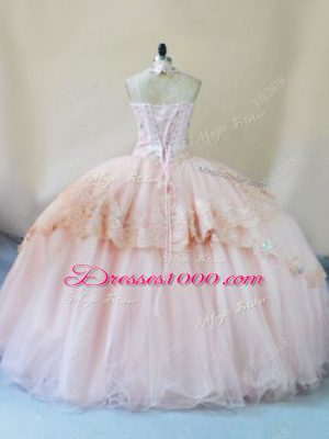 Fine Sleeveless Tulle Lace Up Sweet 16 Dresses in Peach with Beading and Lace and Appliques