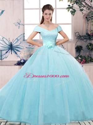 Artistic Aqua Blue Off The Shoulder Neckline Lace and Hand Made Flower Quince Ball Gowns Short Sleeves Lace Up