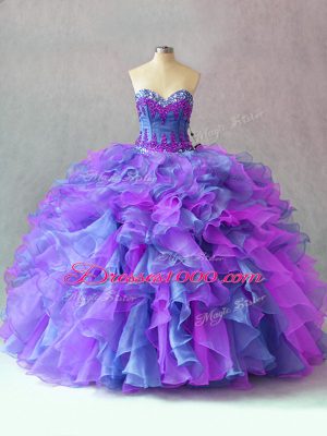 Sumptuous Sleeveless Floor Length Beading and Appliques and Ruffles Lace Up 15th Birthday Dress with Multi-color