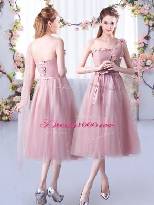 Suitable Pink One Shoulder Lace Up Appliques and Belt Wedding Party Dress Sleeveless