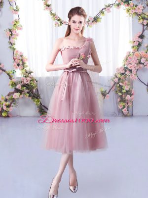 Suitable Pink One Shoulder Lace Up Appliques and Belt Wedding Party Dress Sleeveless