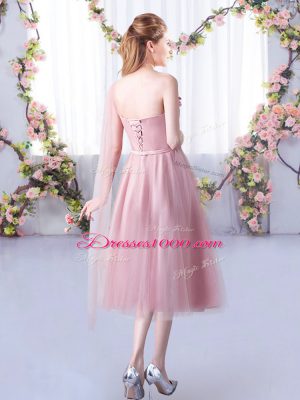 Suitable Pink One Shoulder Lace Up Appliques and Belt Wedding Party Dress Sleeveless