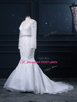 Elegant White Long Sleeves Brush Train Beading and Lace Wedding Dresses