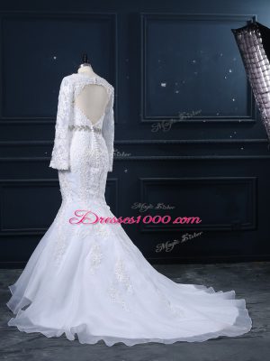 Elegant White Long Sleeves Brush Train Beading and Lace Wedding Dresses