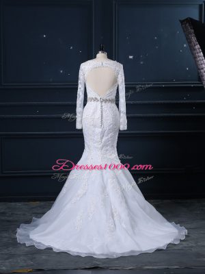 Elegant White Long Sleeves Brush Train Beading and Lace Wedding Dresses