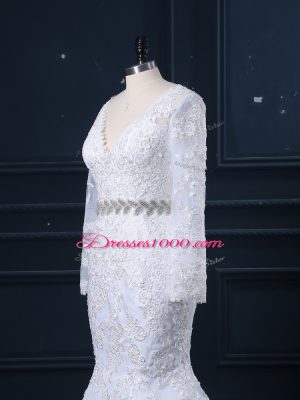 Elegant White Long Sleeves Brush Train Beading and Lace Wedding Dresses